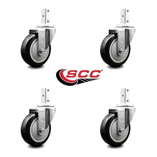 4 Inch Black Polyurethane Wheel Swivel 7/8 Inch Square Stem Caster Set SCC